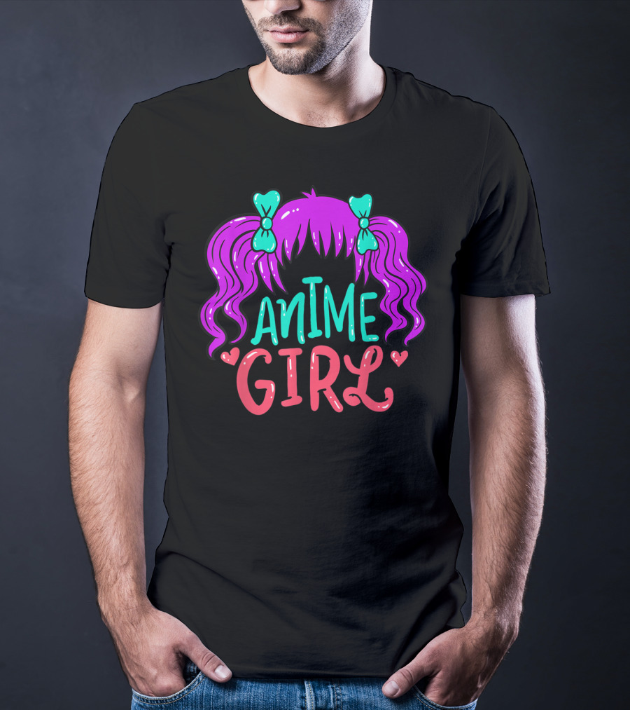 Anime Girl Purple Hair With Green Bows And Hearts T-Shirt