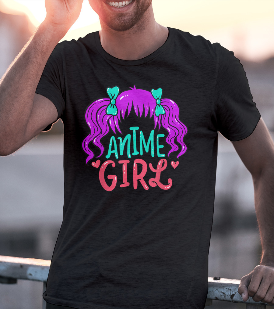 Anime Girl Purple Hair With Green Bows And Hearts T-Shirt