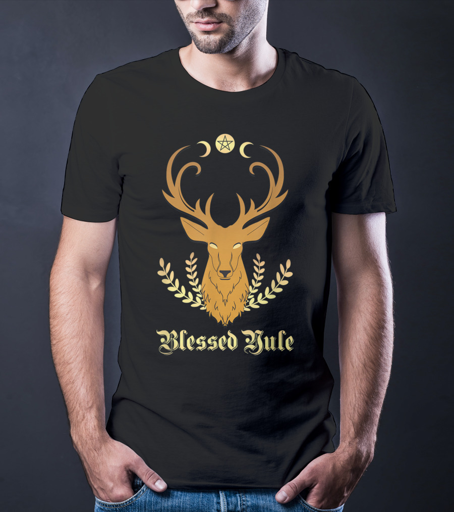 Blessed Yule Christmas Stag Pentacle Triple Moon T-Shirt