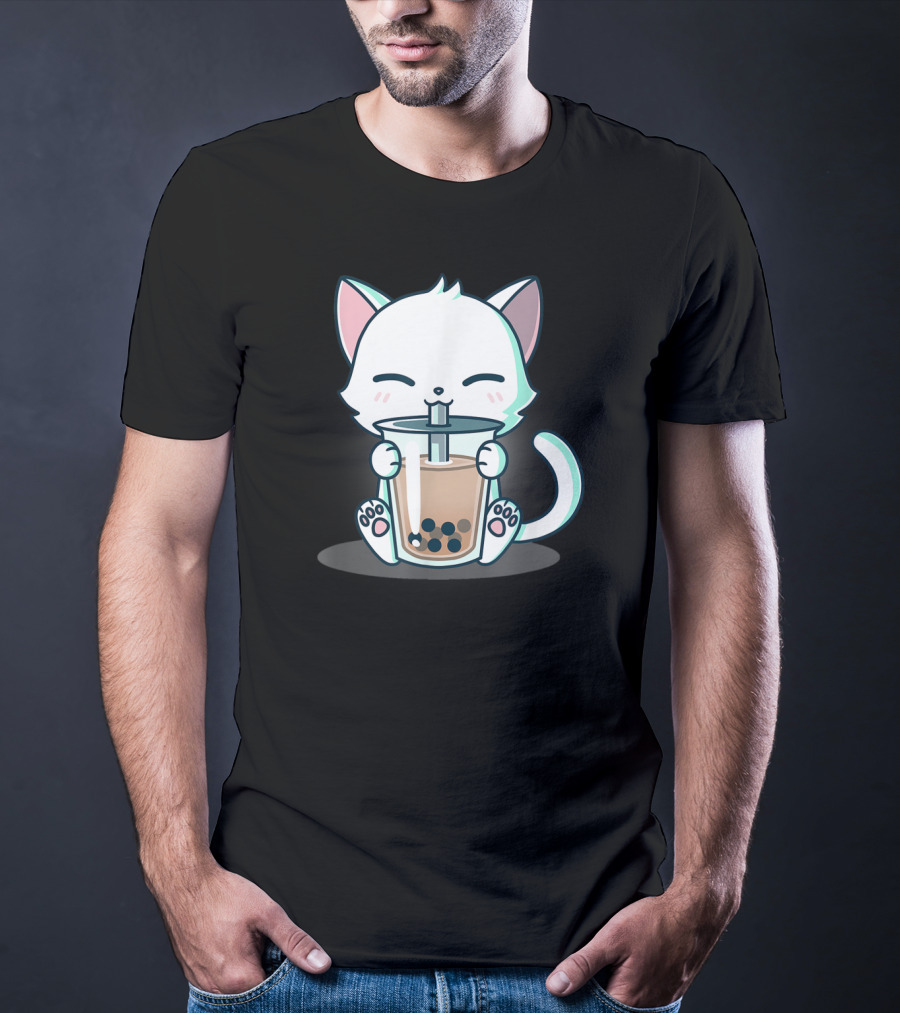 Kawaii Boba Cat Happy Kitten Drinking Bubble Tea Mood T-Shirt