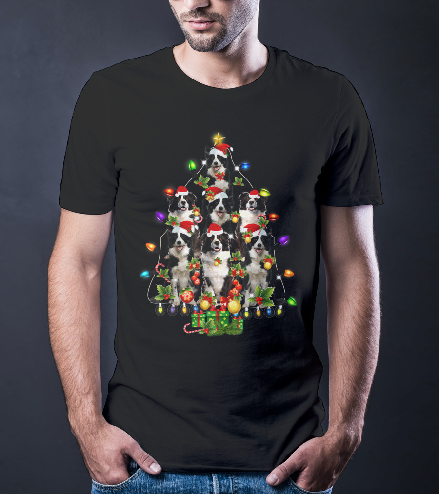 Border Collie Christmas Lights Festive Santa Hat Tree T-Shirt