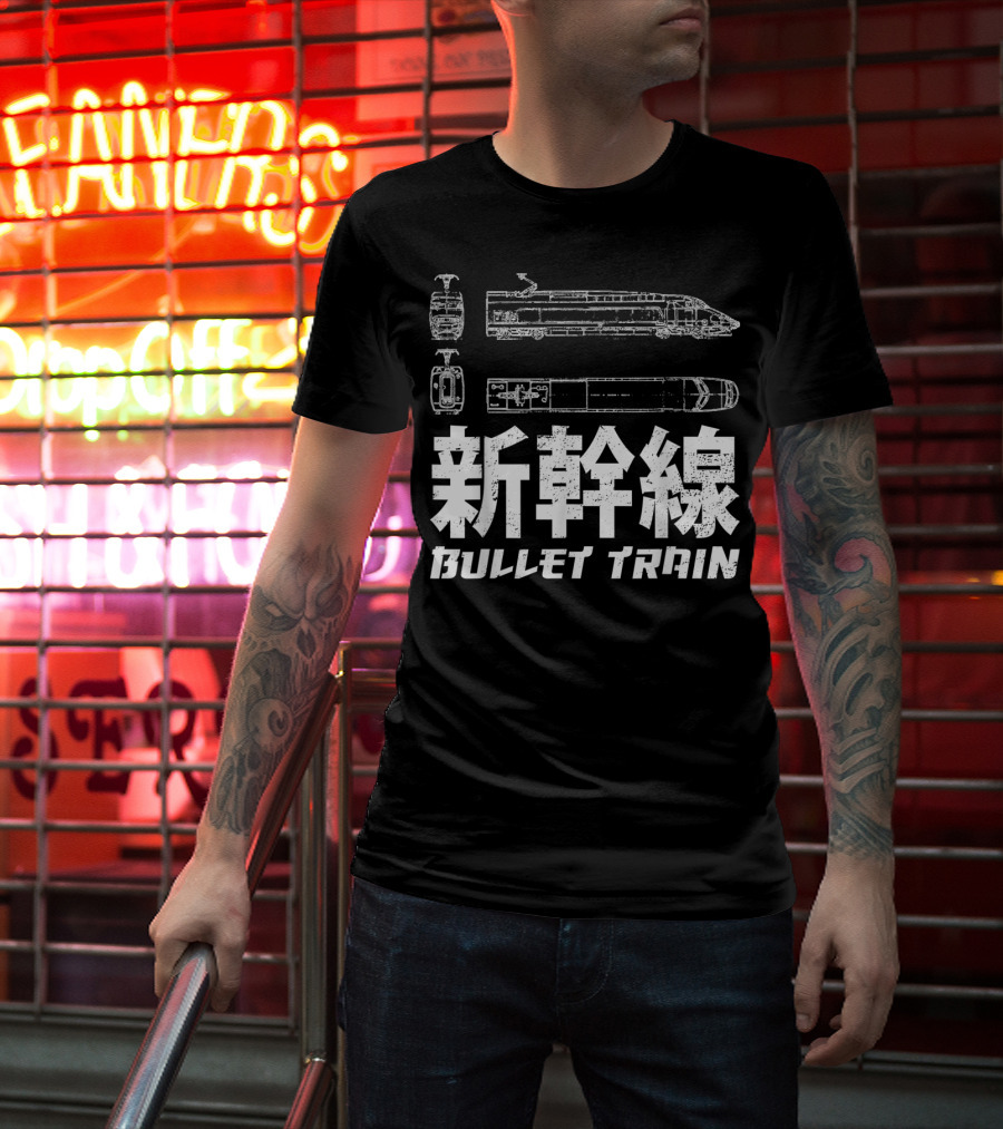 Shinkansen Bullet Train Blueprint Japanese Text T-Shirt