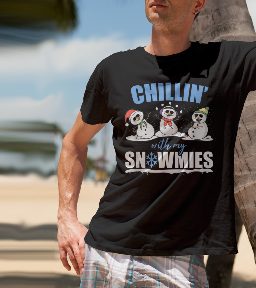 Chillin' With My Snowmies Christmas Snowman Trio In Santa Hats And Scarves T-Shirt