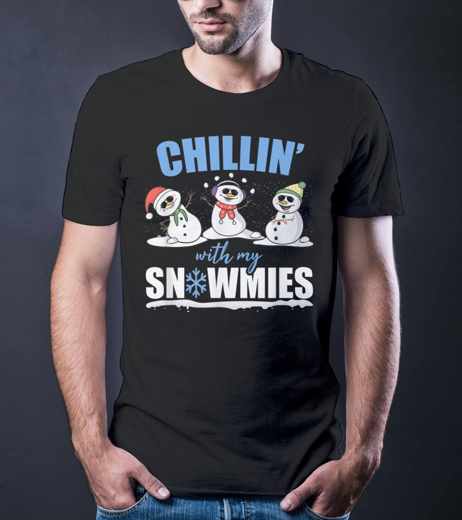 Chillin' With My Snowmies Christmas Snowman Trio In Santa Hats And Scarves T-Shirt