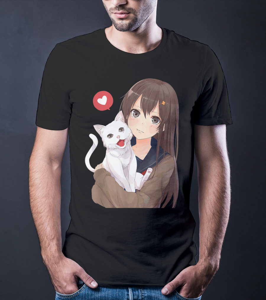 Cute Anime Girl With Adorable White Kitty Cat And Heart T-Shirt