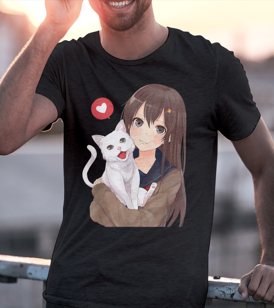 Cute Anime Girl With Adorable White Kitty Cat And Heart T-Shirt