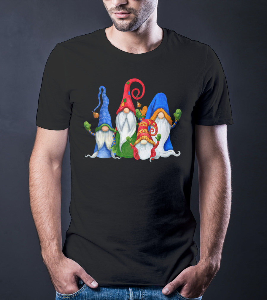 Cute Four 4 Nordic Gnomes Christmas Elves With Colorful Hats And Beards T-Shirt