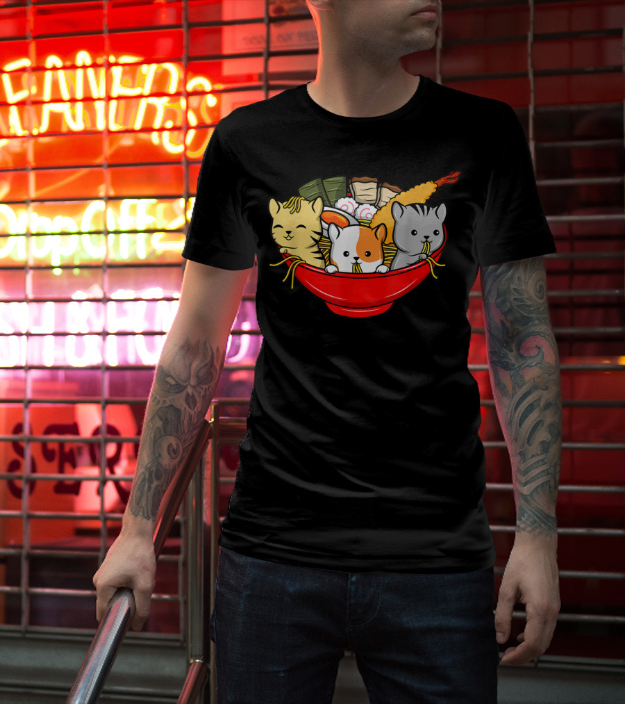 Kawaii Cat Trio In Ramen Bowl With Japanese Anime Style Meal T-Shirt