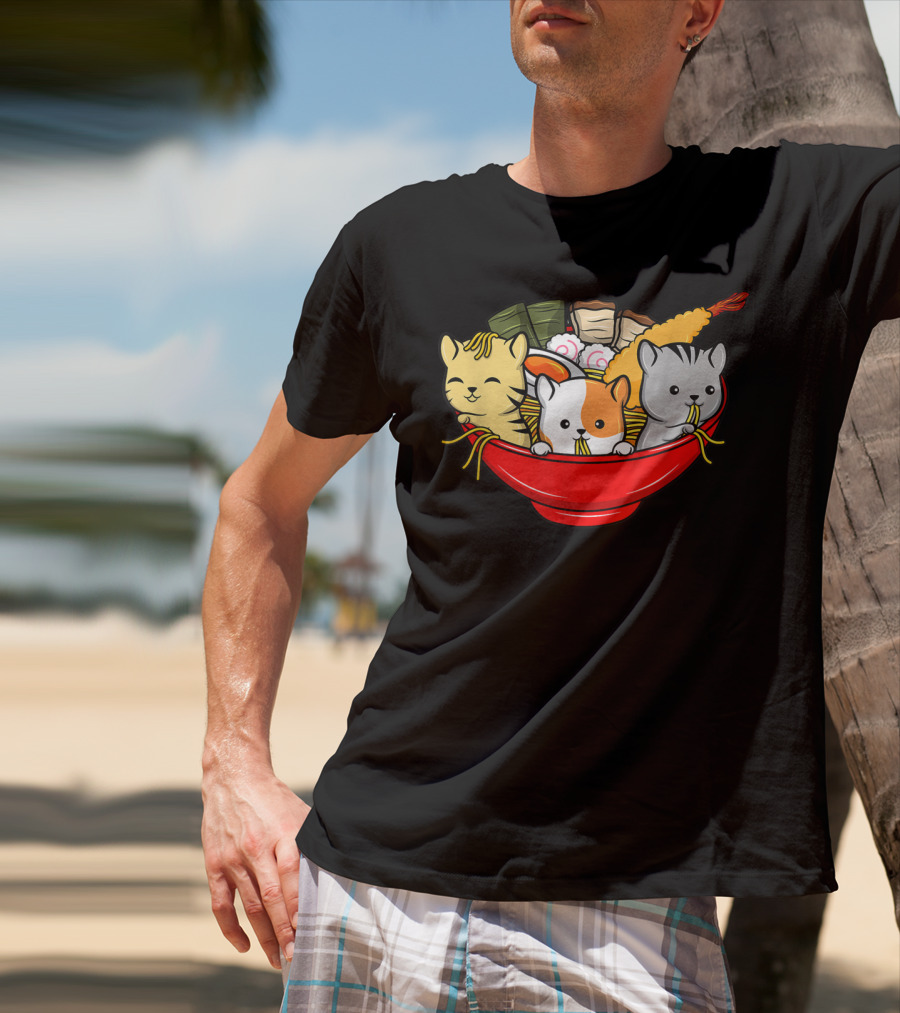 Kawaii Cat Trio In Ramen Bowl With Japanese Anime Style Meal T-Shirt