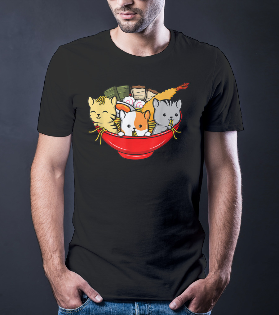 Kawaii Cat Trio In Ramen Bowl With Japanese Anime Style Meal T-Shirt