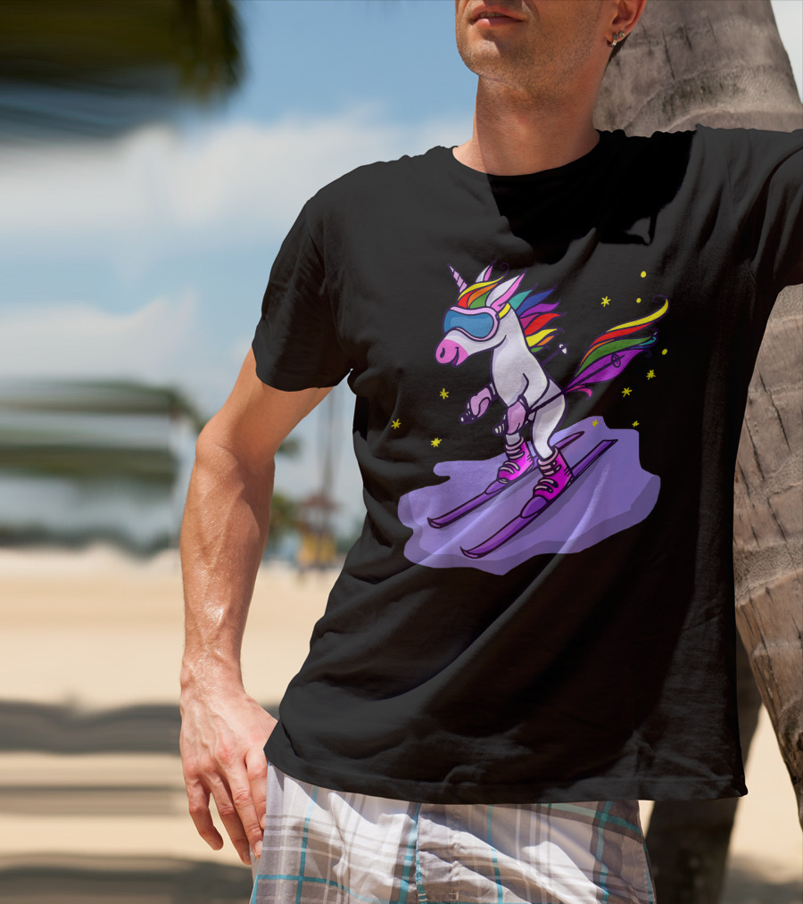 Cute Unicorn Skiing In Rainbow T-Shirt