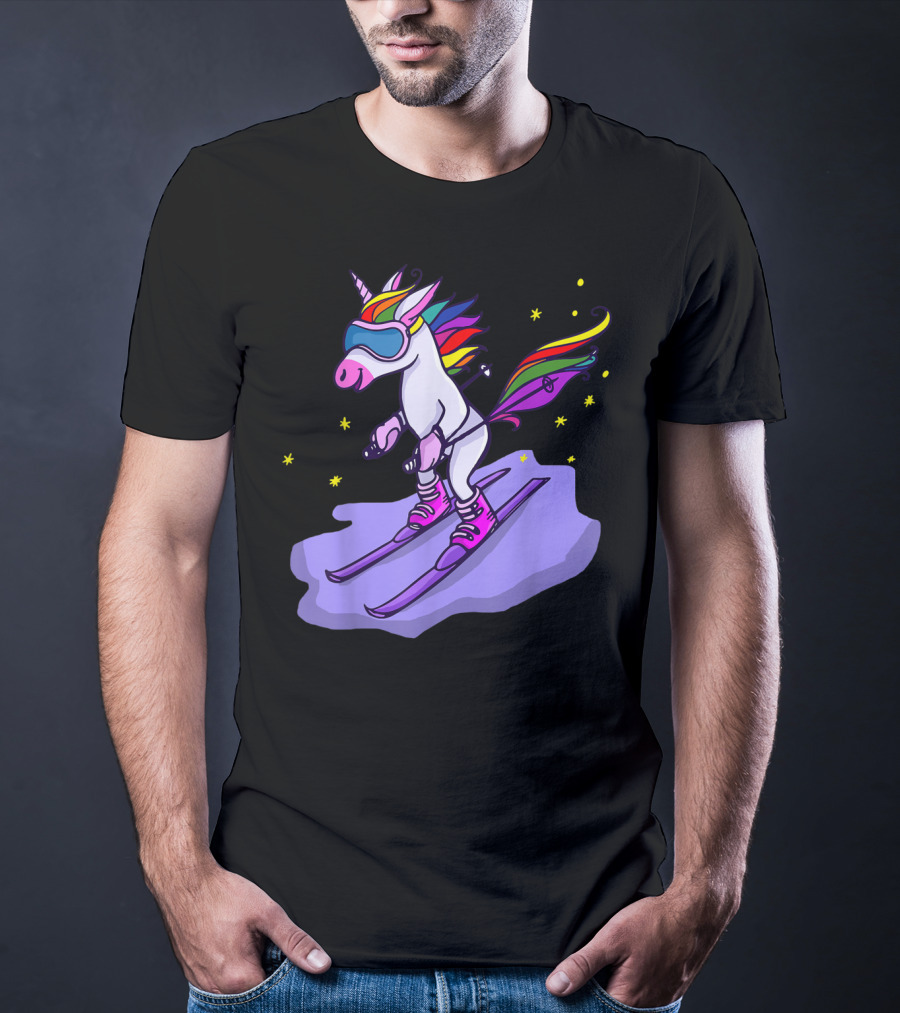Cute Unicorn Skiing In Rainbow T-Shirt