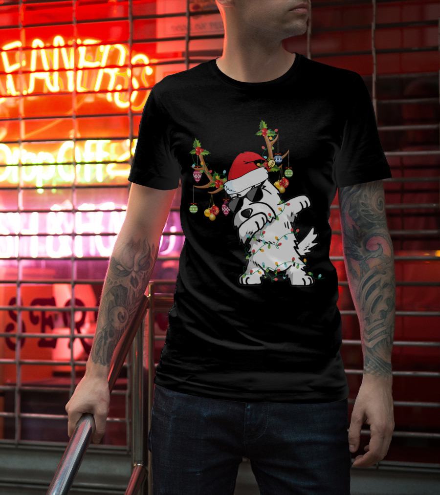 Dabbing Westie Dog Christmas Lights Santa Hat Reindeer Antlers Ornaments T-Shirt