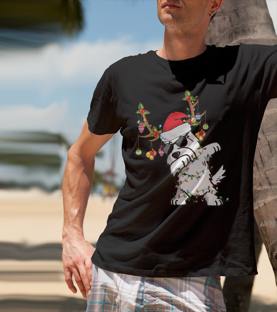 Dabbing Westie Dog Christmas Lights Santa Hat Reindeer Antlers Ornaments T-Shirt