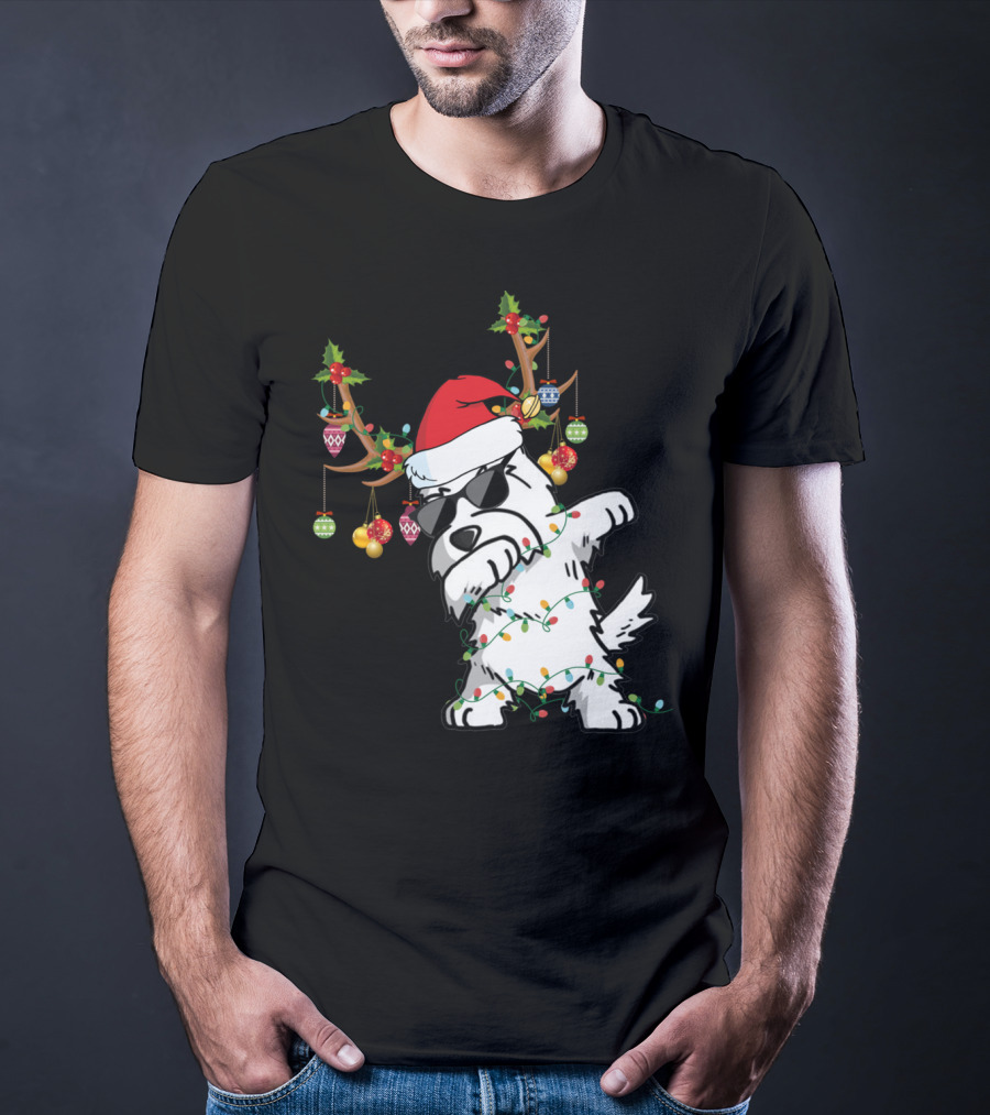 Dabbing Westie Dog Christmas Lights Santa Hat Reindeer Antlers Ornaments T-Shirt