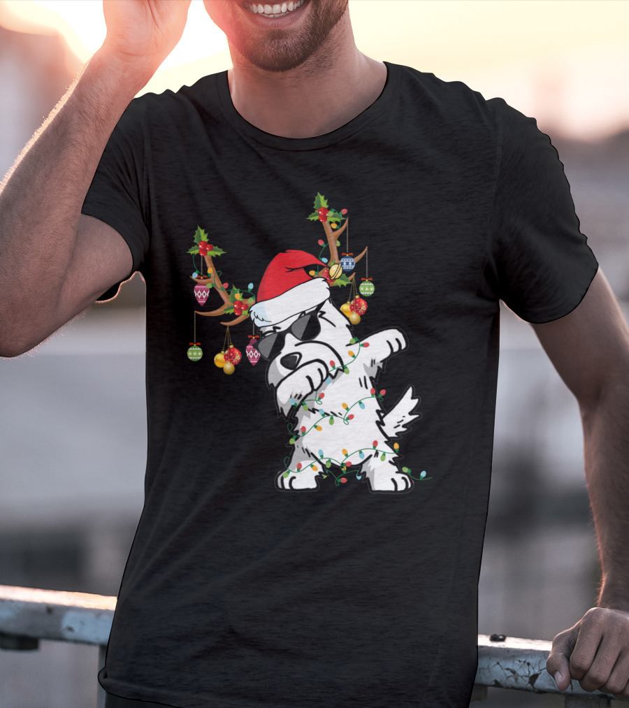 Dabbing Westie Dog Christmas Lights Santa Hat Reindeer Antlers Ornaments T-Shirt