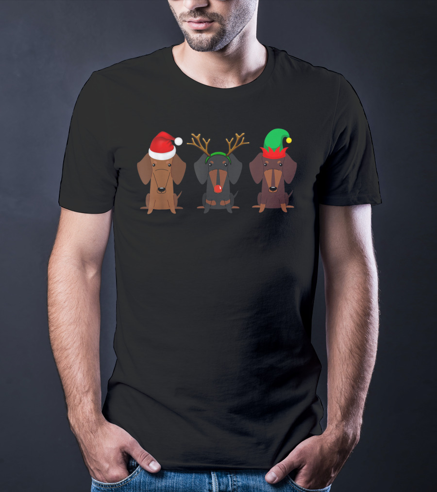 Dachshund Christmas Mom Women Weiner Dog With Santa Hat Reindeer Antlers Elf Hat T-Shirt