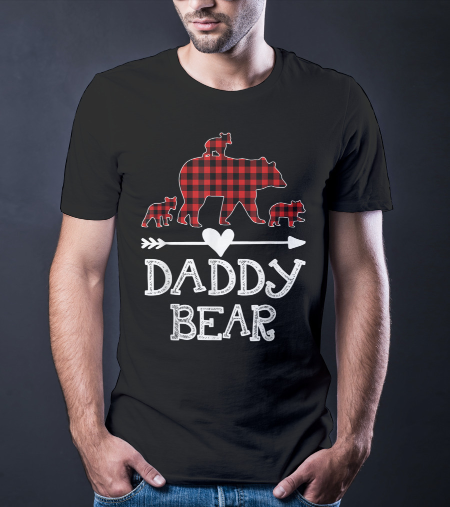 Daddy Bear Red Plaid Three Cubs Arrow Heart T-Shirt