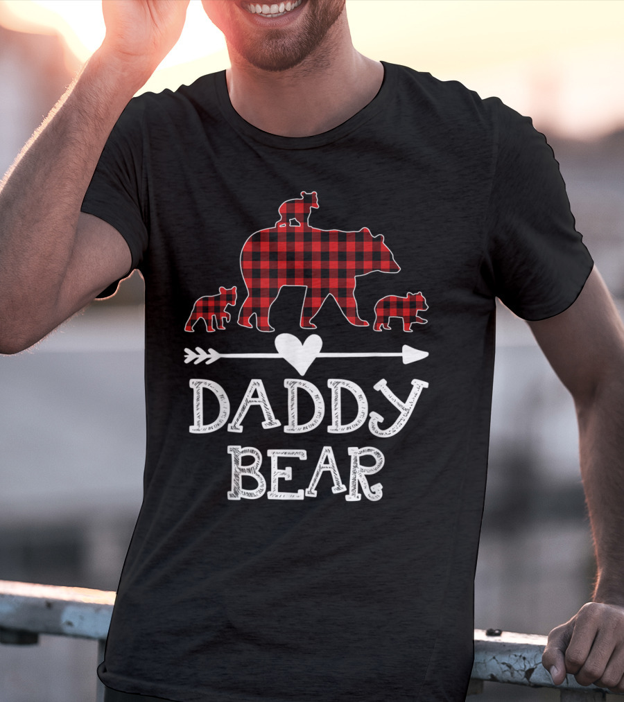 Daddy Bear Red Plaid Three Cubs Arrow Heart T-Shirt