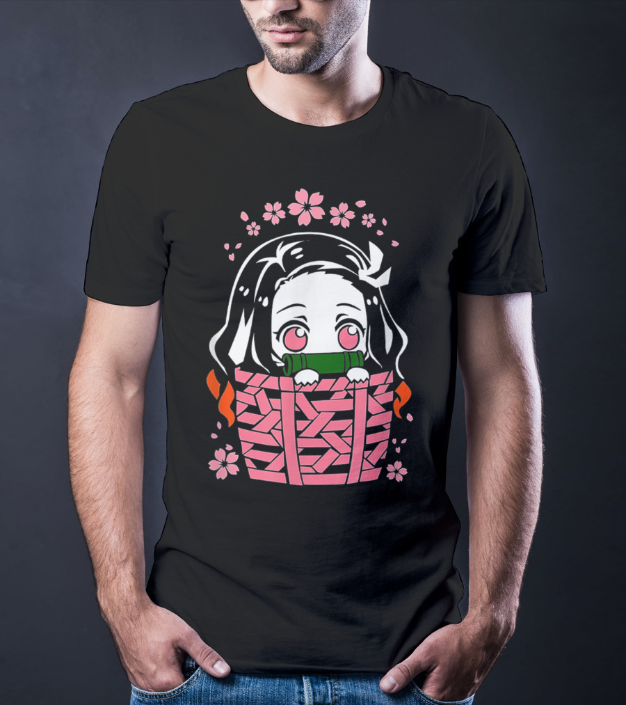 Nezuko Kamado Kawaii Chibi With Bamboo Mouthpiece And Cherry Blossoms Demon Slayer Anime T-Shirt
