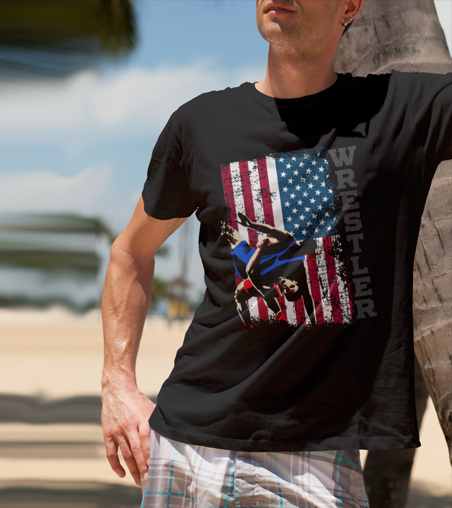 Wrestler Distressed American Flag Wrestling T-Shirt