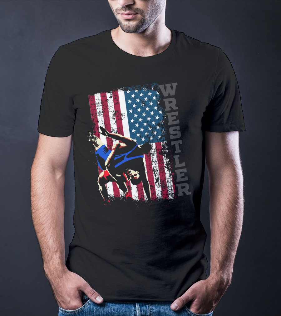 Wrestler Distressed American Flag Wrestling T-Shirt