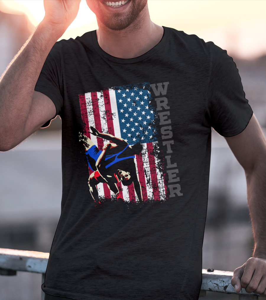 Wrestler Distressed American Flag Wrestling T-Shirt