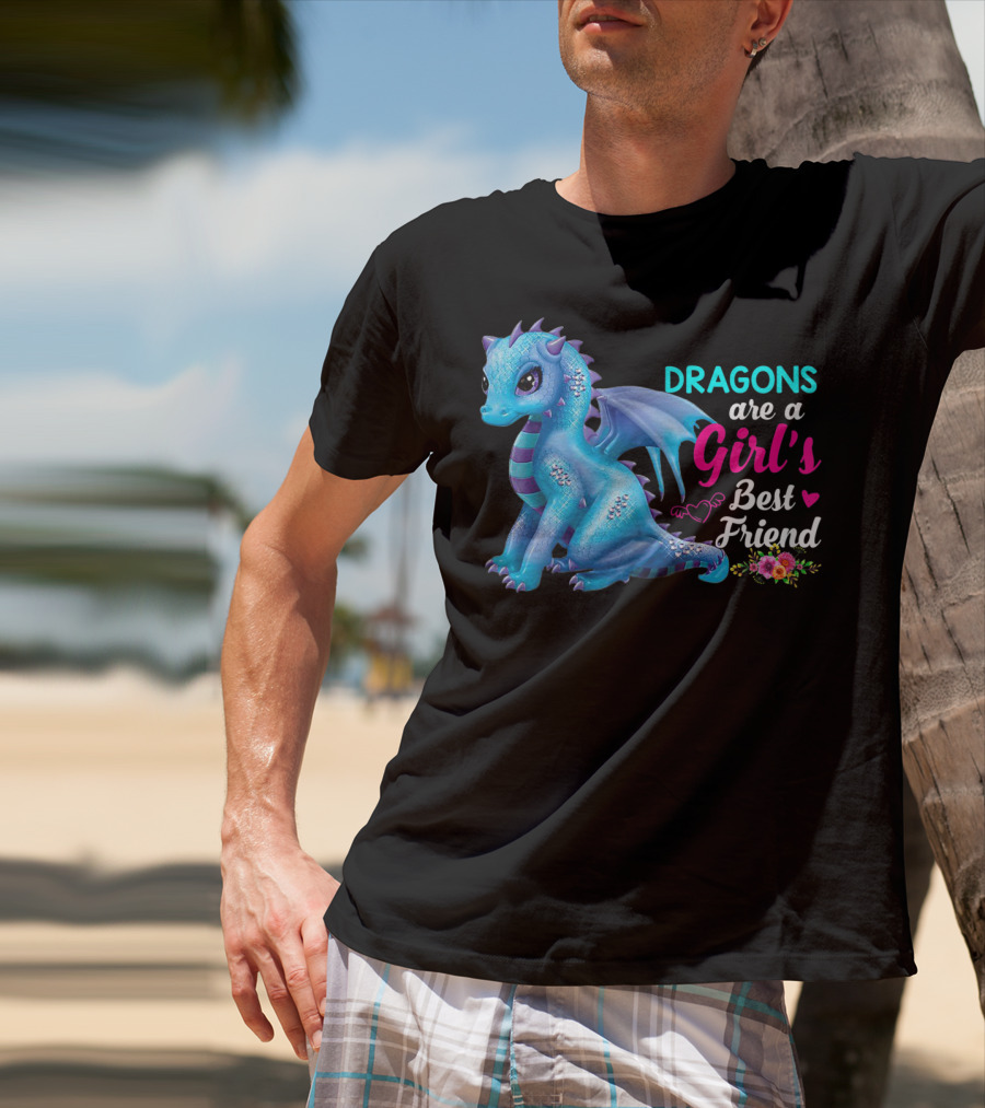 Dragons Are A Girl's Best Friend Cute Blue Dragon With Hearts And Flowers T-Shirt