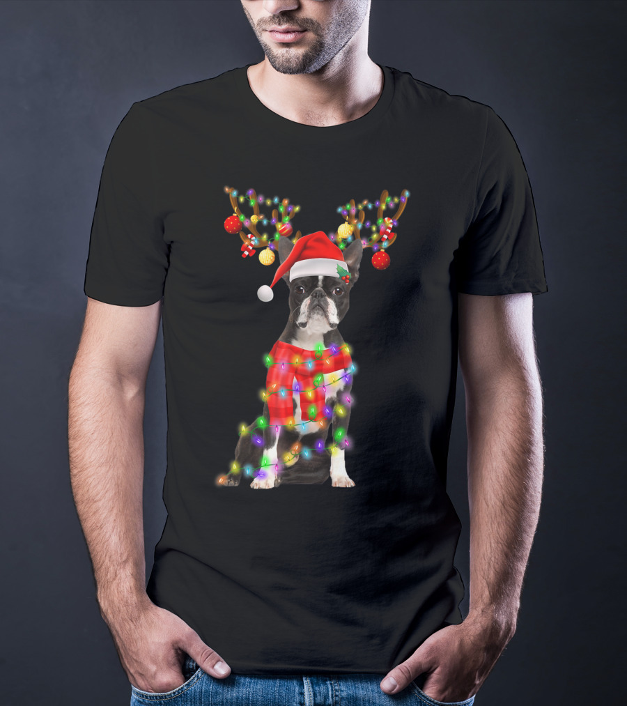 Funny Boston Terrier Christmas Reindeer With Santa Hat And Holiday Lights T-Shirt