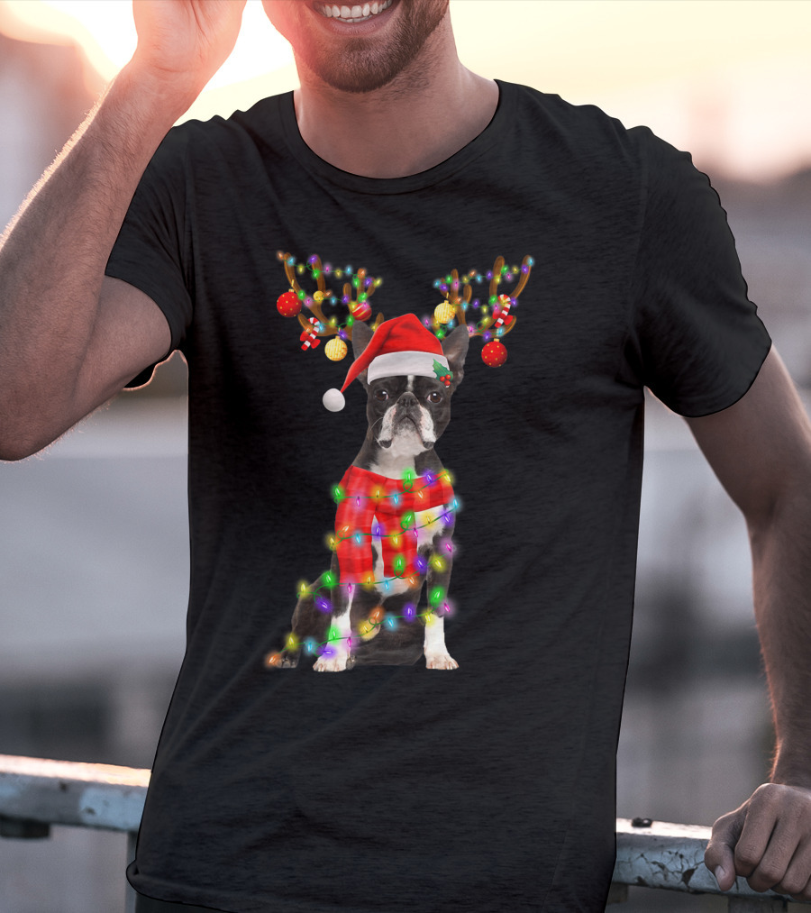 Funny Boston Terrier Christmas Reindeer With Santa Hat And Holiday Lights T-Shirt