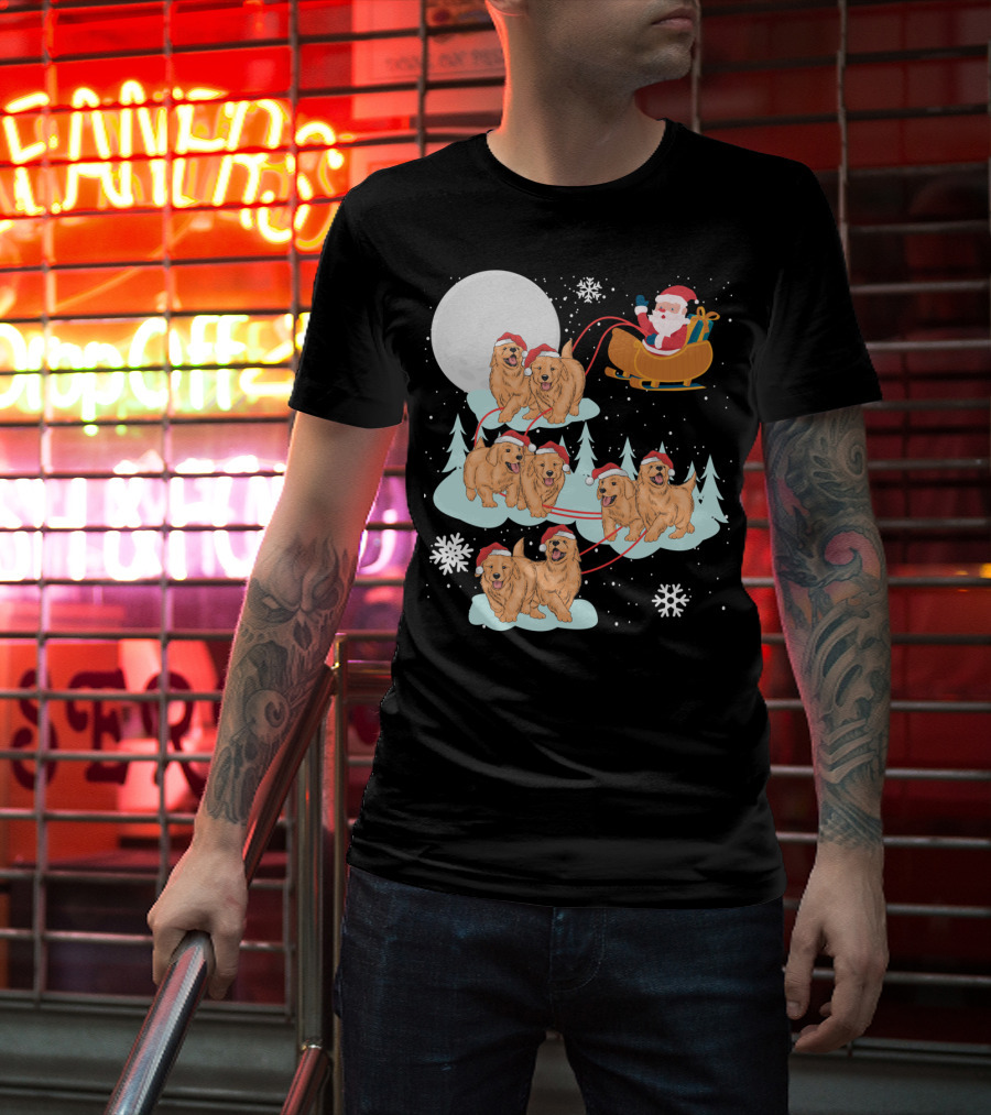 Funny Christmas Golden Retriever Santa Sleigh Holiday Scene T-Shirt