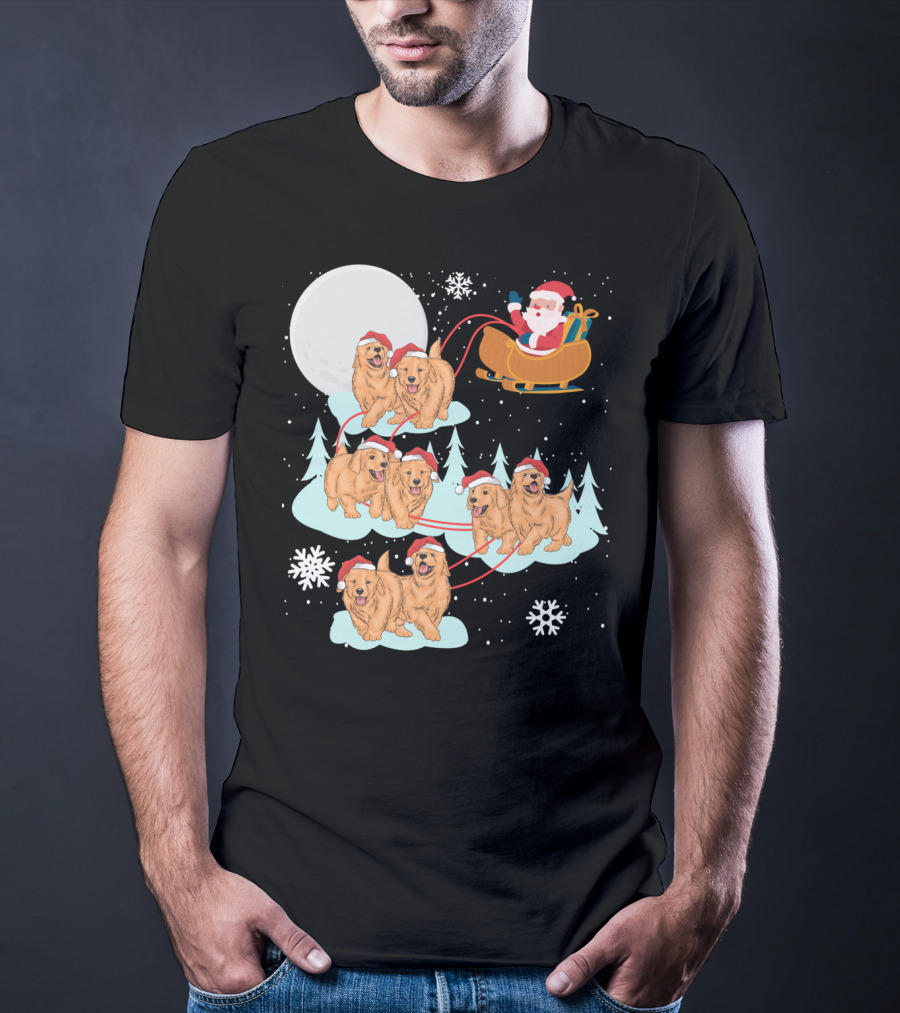 Funny Christmas Golden Retriever Santa Sleigh Holiday Scene T-Shirt