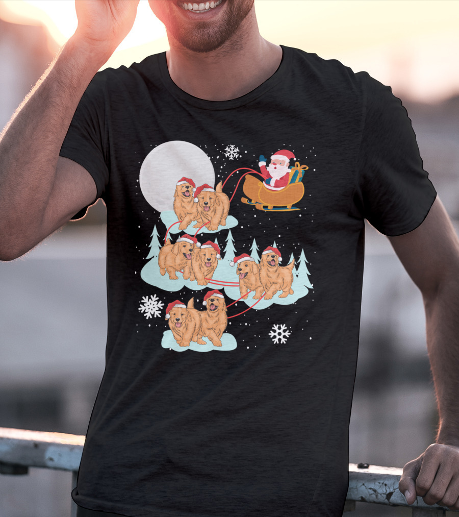 Funny Christmas Golden Retriever Santa Sleigh Holiday Scene T-Shirt