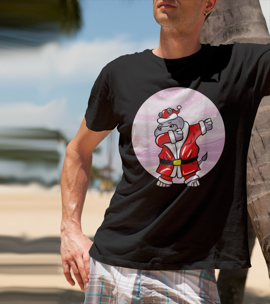 Funny Dabbing Christmas Santa Claus Hippo With Red Santa Suit T-Shirt