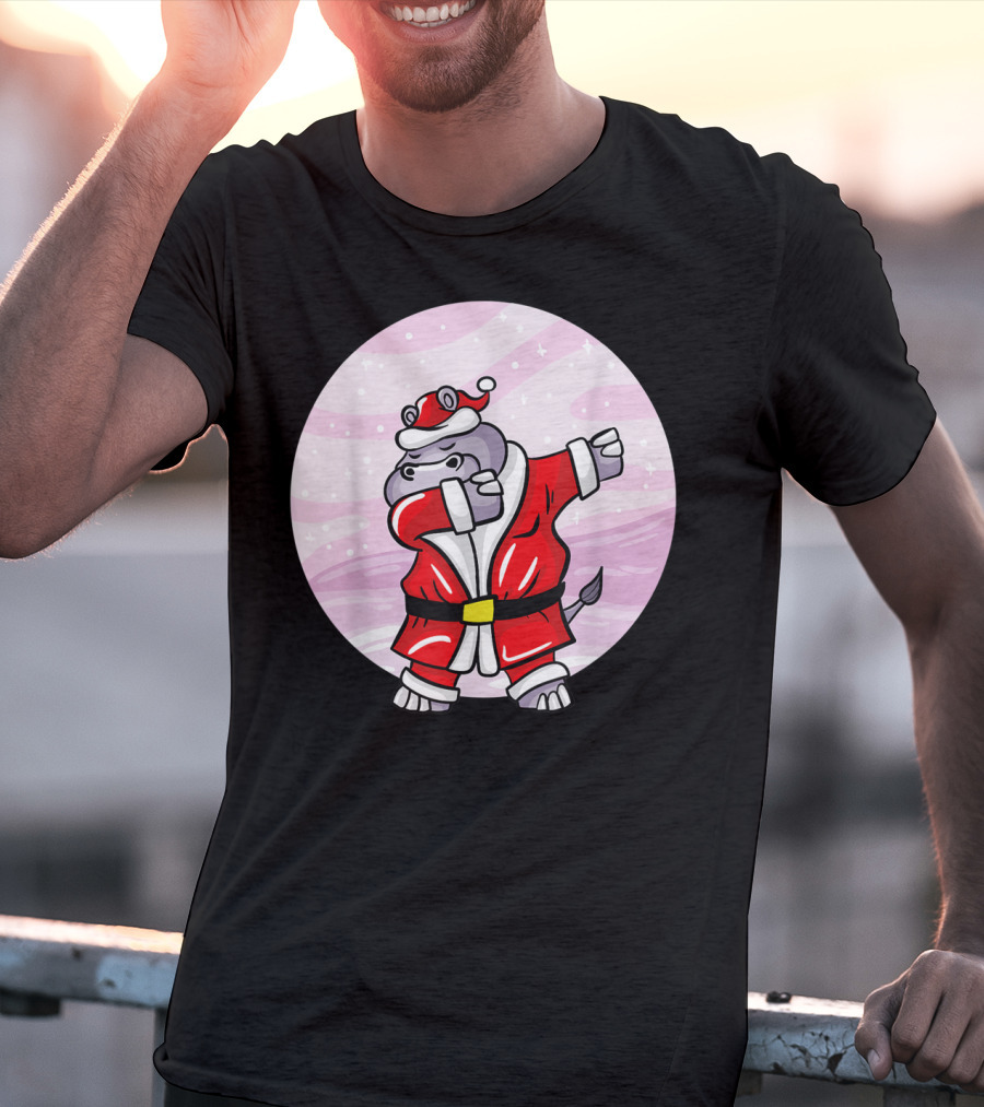 Funny Dabbing Christmas Santa Claus Hippo With Red Santa Suit T-Shirt