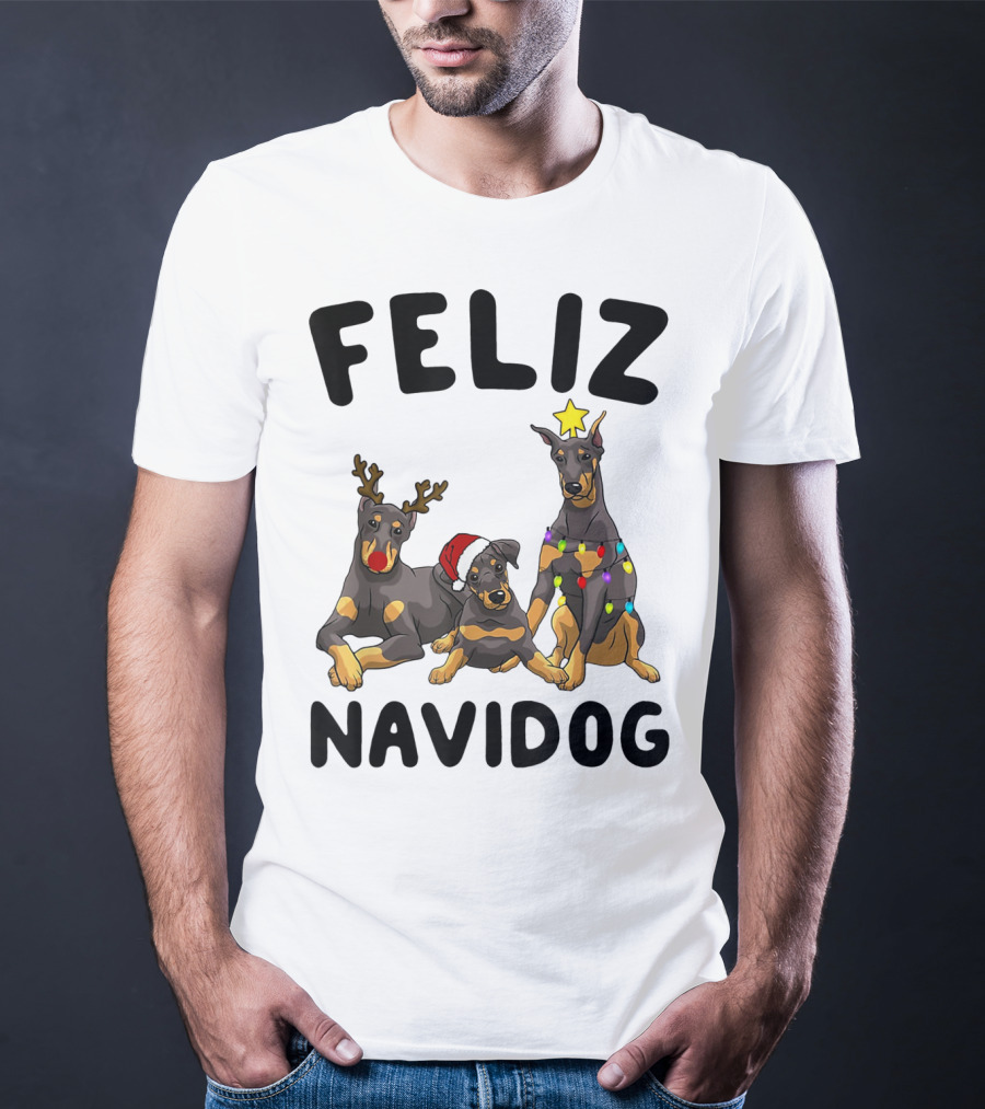 Feliz Navidog Doberman Pinscher With Reindeer Antlers Santa Hat And Christmas Lights T-Shirt