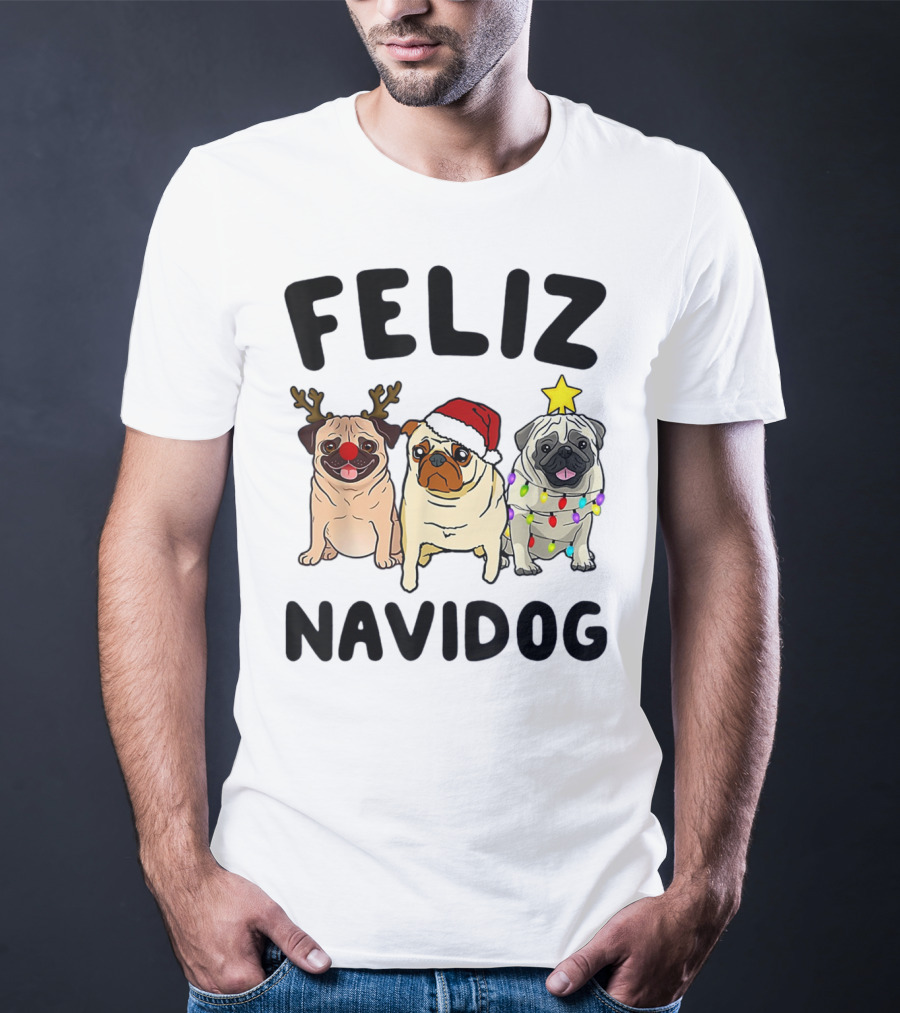Feliz Navidog Pugs Christmas Antlers Santa Hat Lights T-Shirt