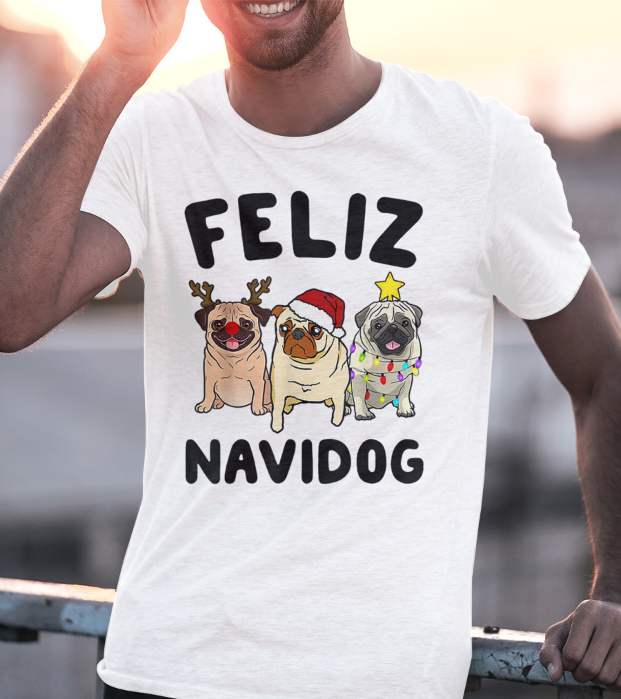 Feliz Navidog Pugs Christmas Antlers Santa Hat Lights T-Shirt