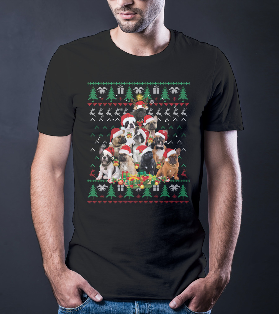 French Bulldog Christmas Tree With Santa Hats T-Shirt