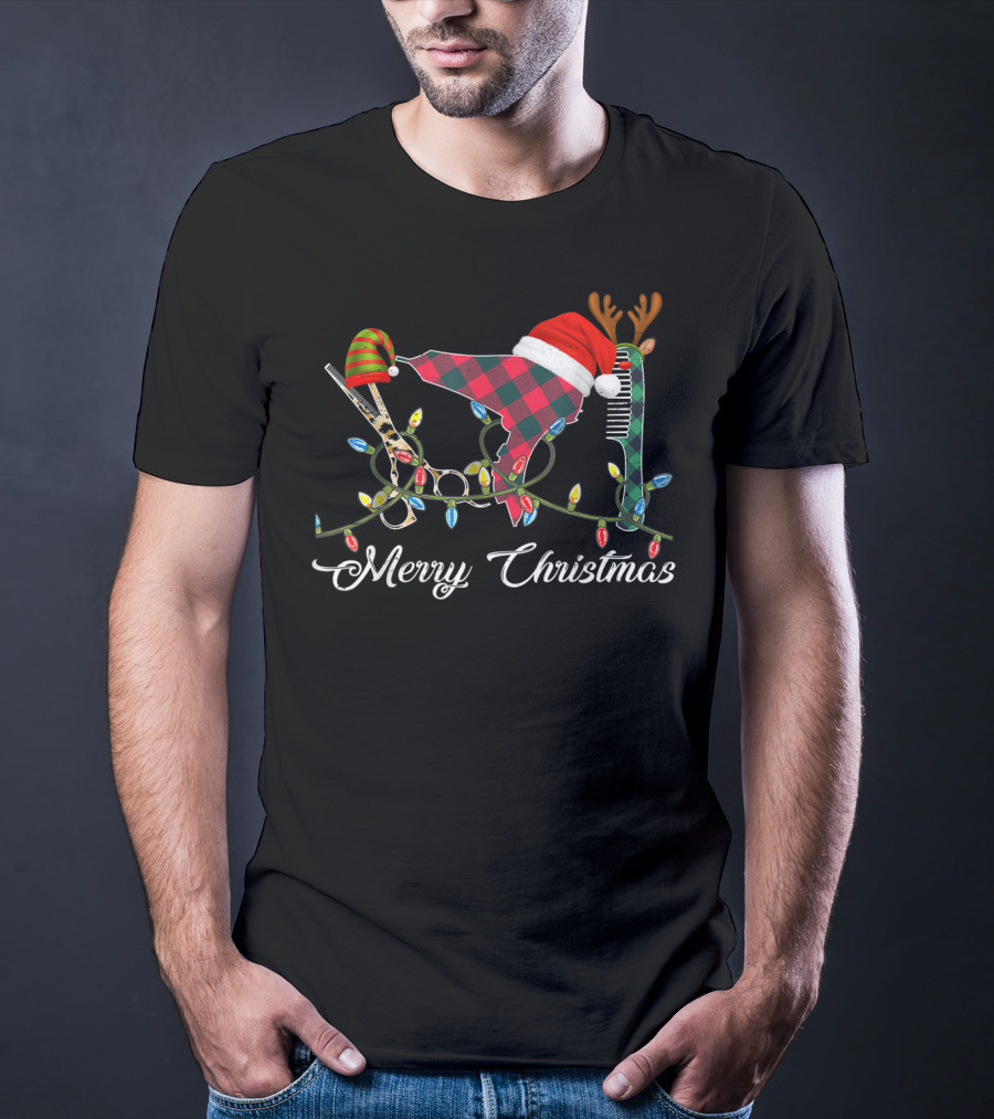 Merry Christmas Hair Stylist Tools With Santa Hat Scissors And Antler Comb T-Shirt