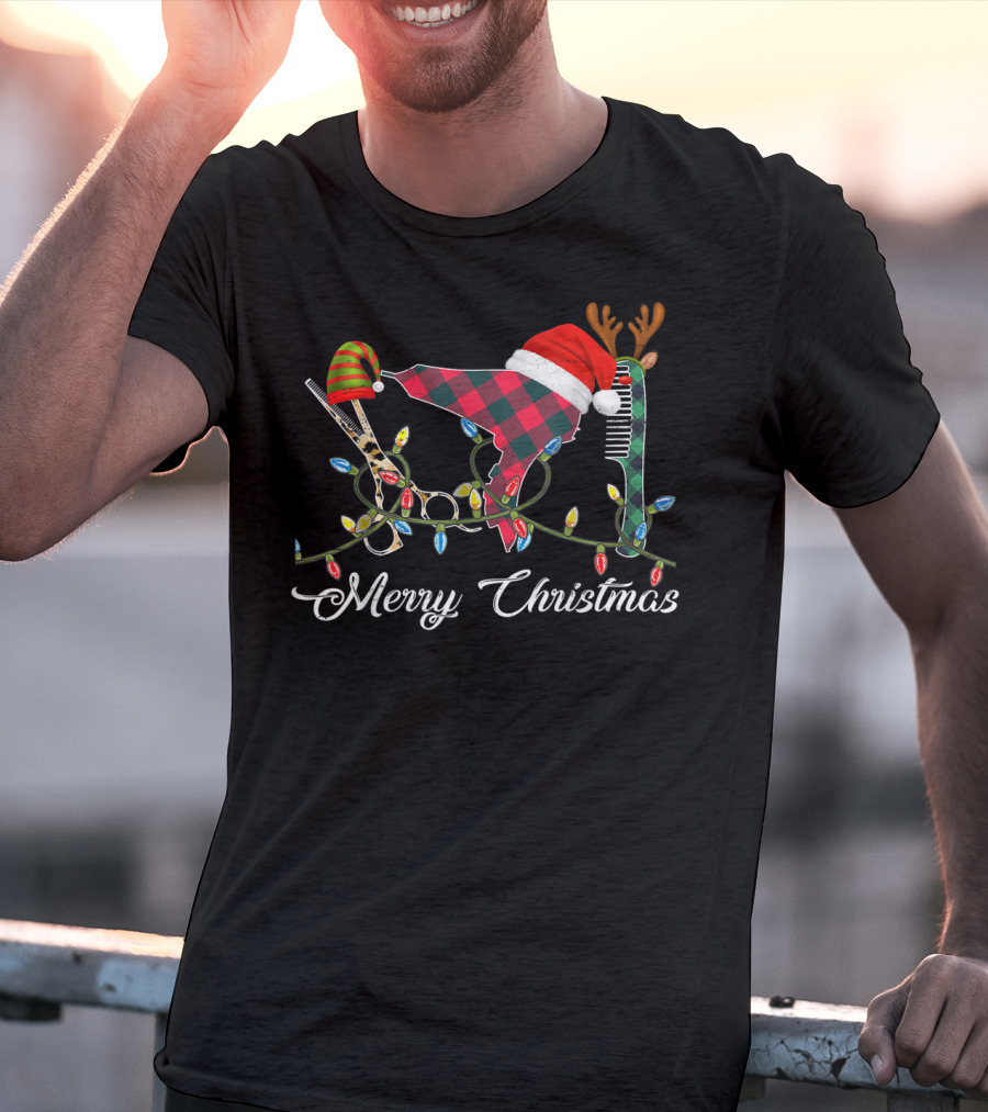 Merry Christmas Hair Stylist Tools With Santa Hat Scissors And Antler Comb T-Shirt