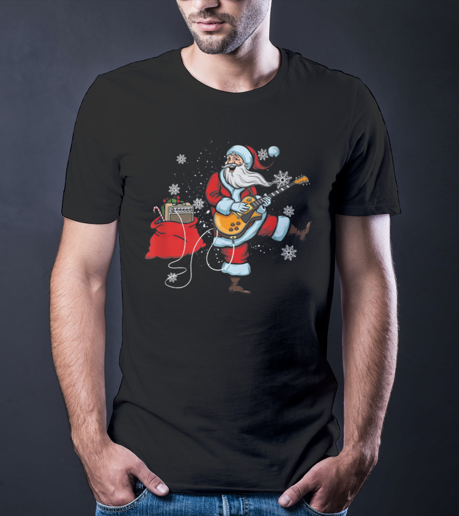 Funny Santa Playing Guitar With Snowflakes And Christmas Bag T-Shirt