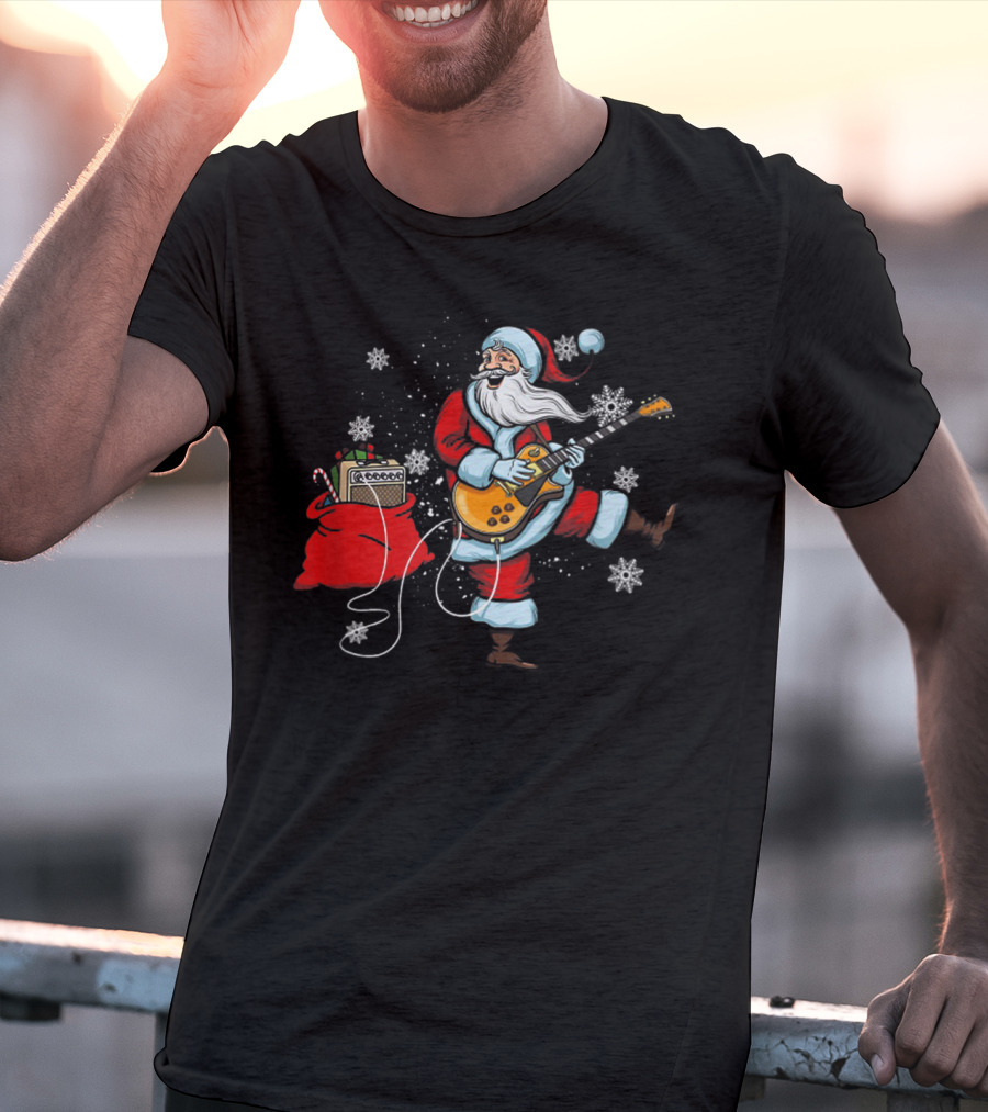 Funny Santa Playing Guitar With Snowflakes And Christmas Bag T-Shirt