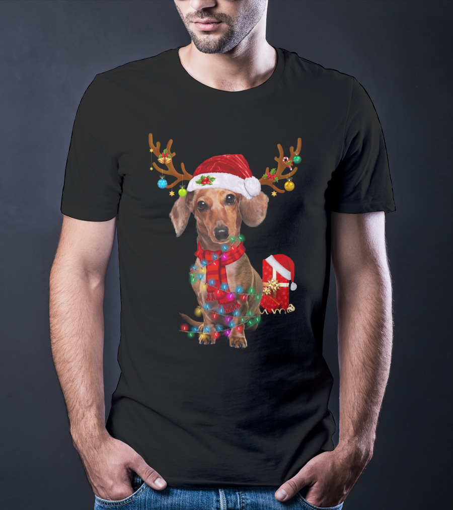 Santa Hat Dachshund With Reindeer Antlers And Christmas Lights T-Shirt