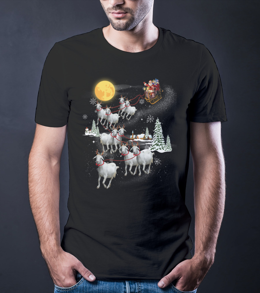 Funny Santa Riding Goat Sleigh Under Full Moon T-Shirt