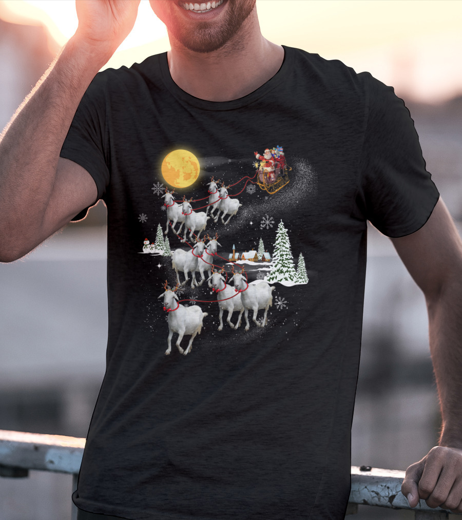 Funny Santa Riding Goat Sleigh Under Full Moon T-Shirt