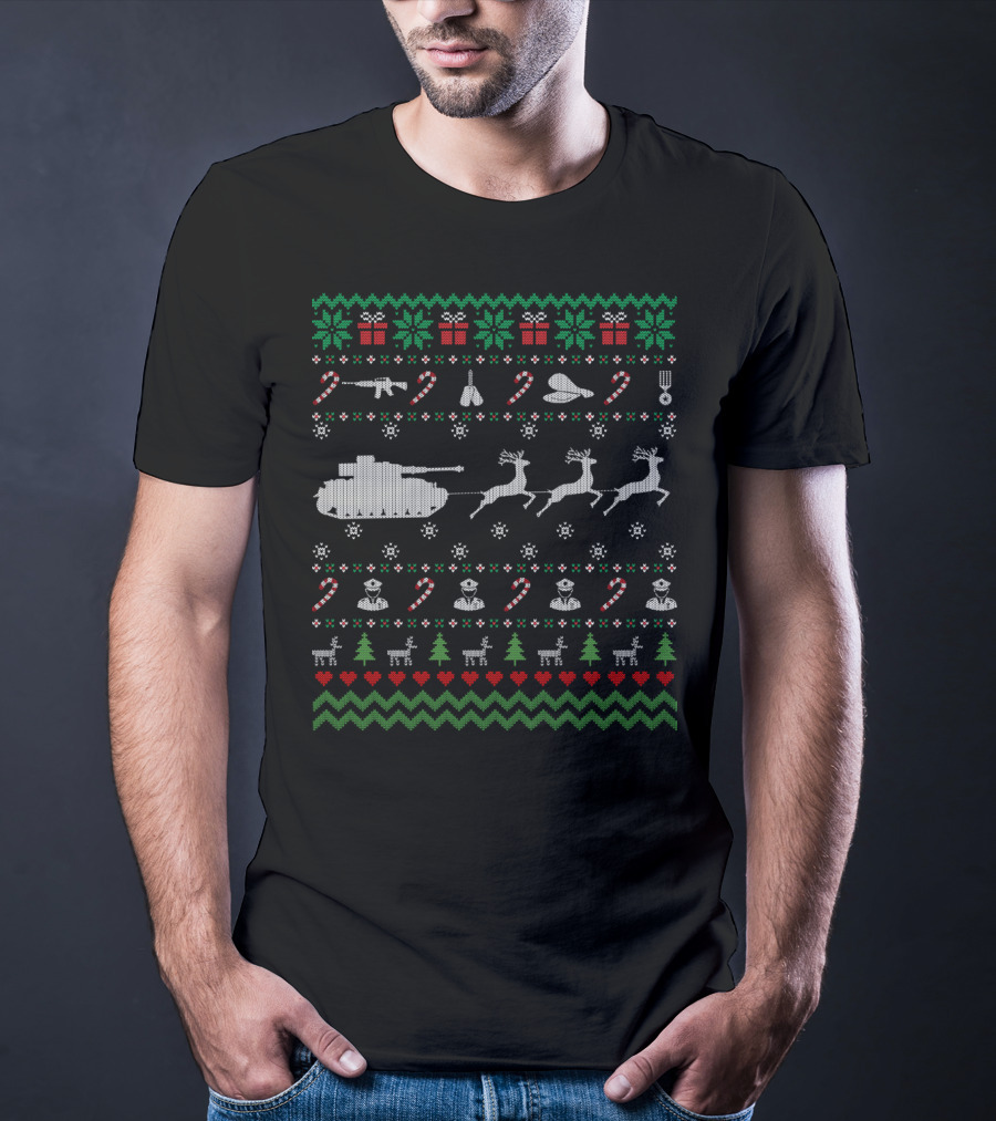 Funny Veteran Ugly Christmas Sweater With Tank Reindeer And Military Decorations T-Shirt