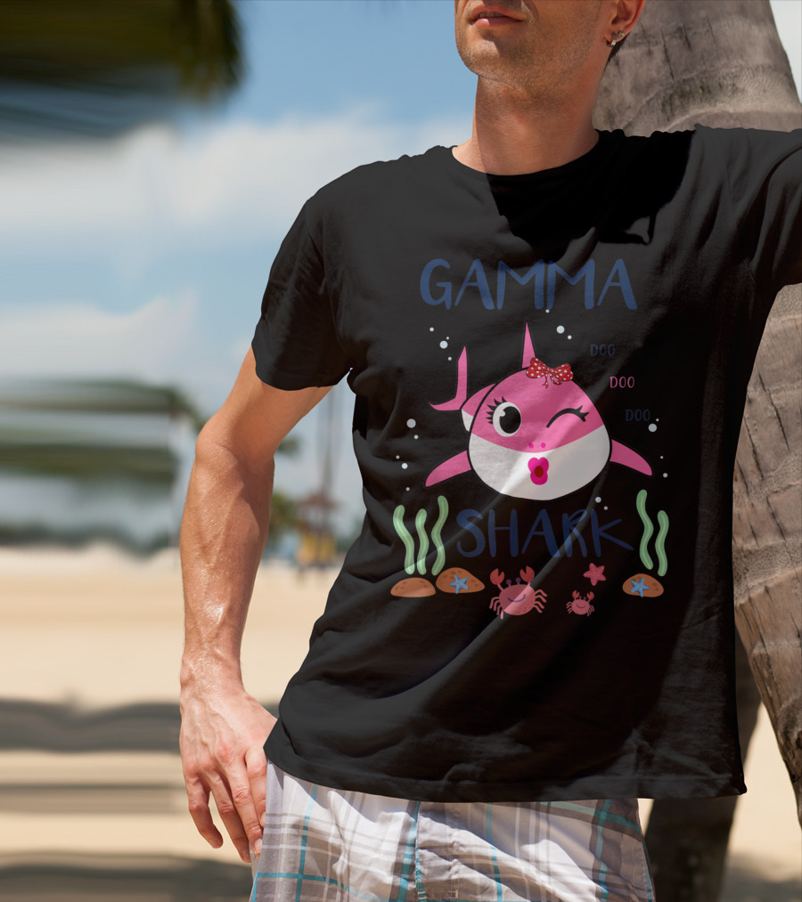 Gamma Shark Doo Doo Doo Winking Pink Shark With Bow And Marine Life T-Shirt