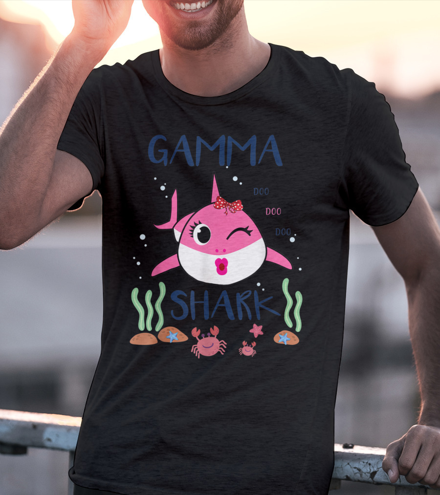 Gamma Shark Doo Doo Doo Winking Pink Shark With Bow And Marine Life T-Shirt