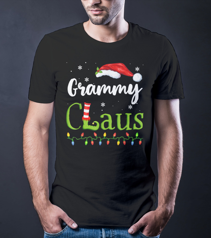 Grammy Claus Santa Grandma With Elf Shoe And Christmas Lights T-Shirt